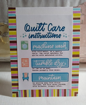 Quilt Care instructions printed and placed on card