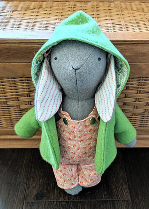 Wool bunny with overalls and jacket made by Maggie of Fabric Mutt