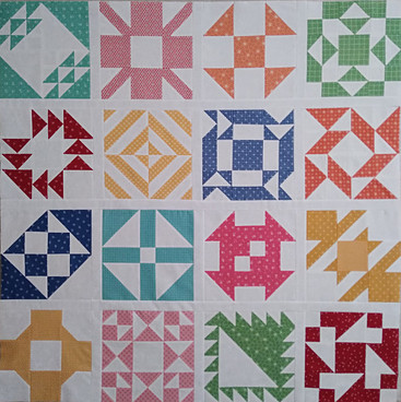 Blocks 1-16: Sewcialites QAL using Prim fabric line by Lori Holt for Riley Blake fabrics