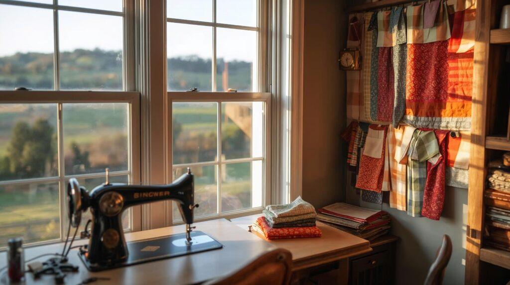 AI generated image of a sewing room with fabric, sunlight.
