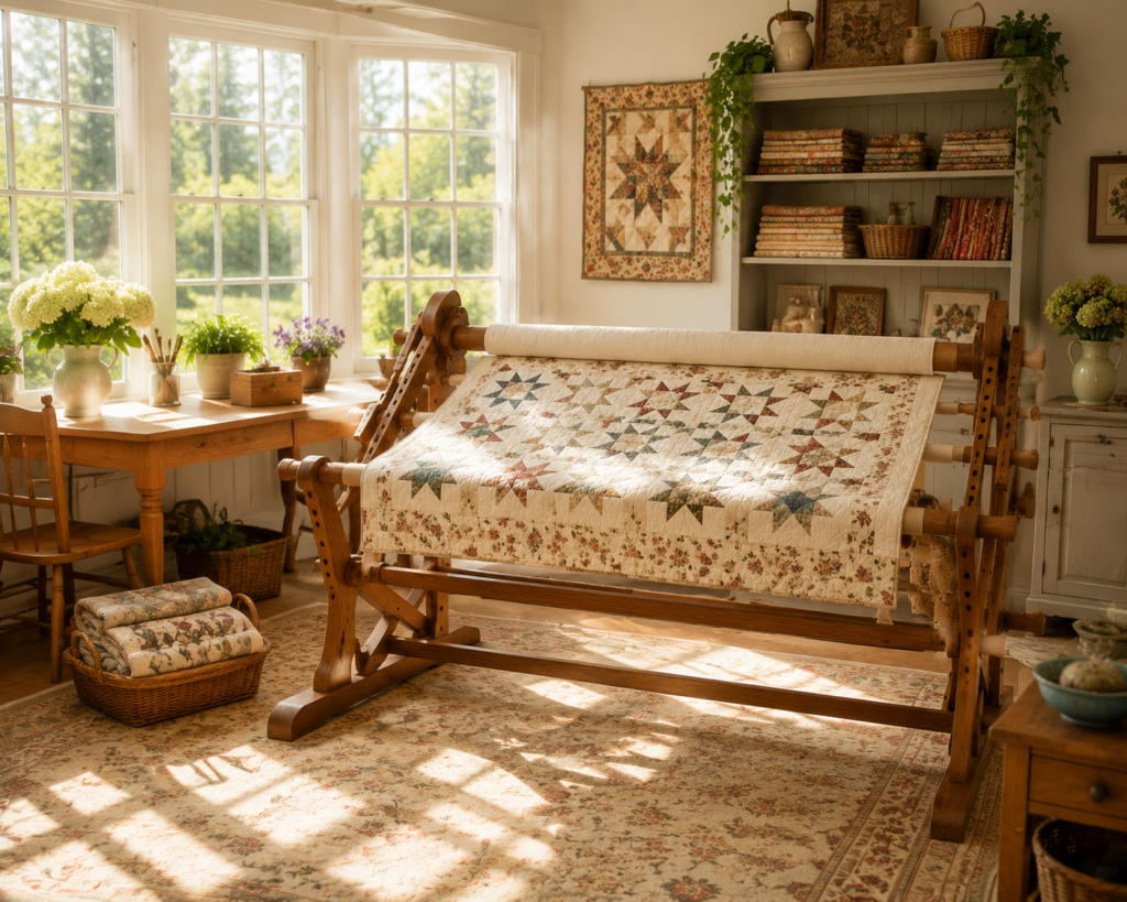AI generated image showing a large wooden quilting frame in a brightly lit studio with large windows.