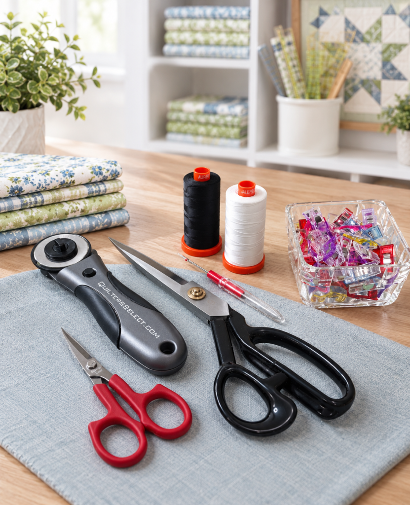 Quilting studio still life - quilting tools from myquiltingspace.com