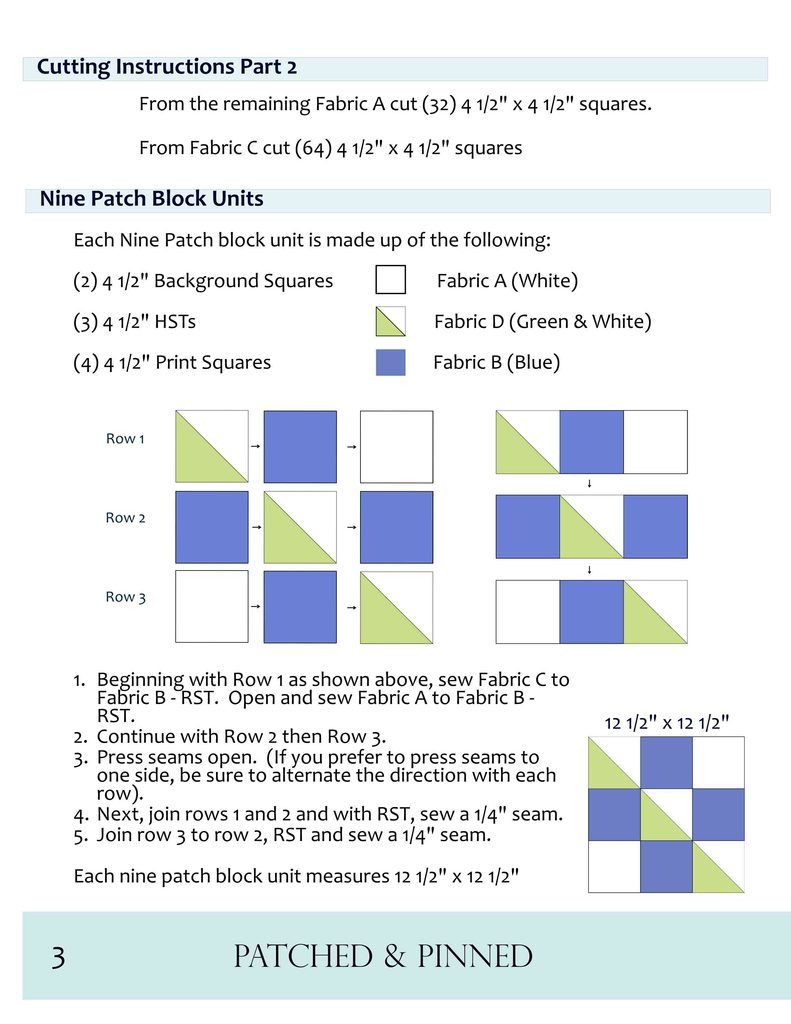 Cutting diagram for making 9 patch quilt block